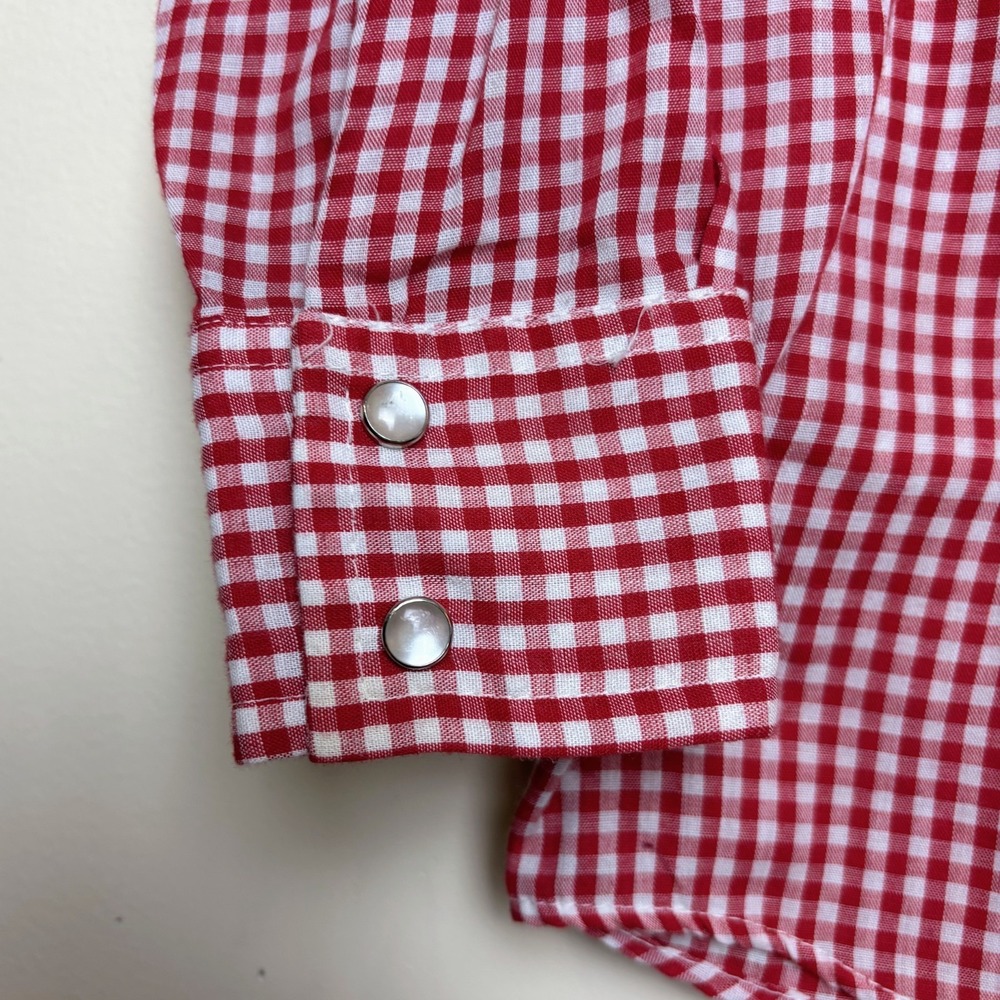 Vintage 70s Gingham Western Pearl Snap Boys Plaid Button Down Shirt Size 4 - Picture 3 of 7